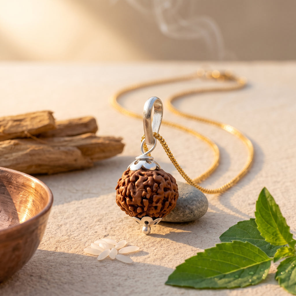 Premium 4 Mukhi Rudraksha Pendant in Sterling Silver with Golden Chain